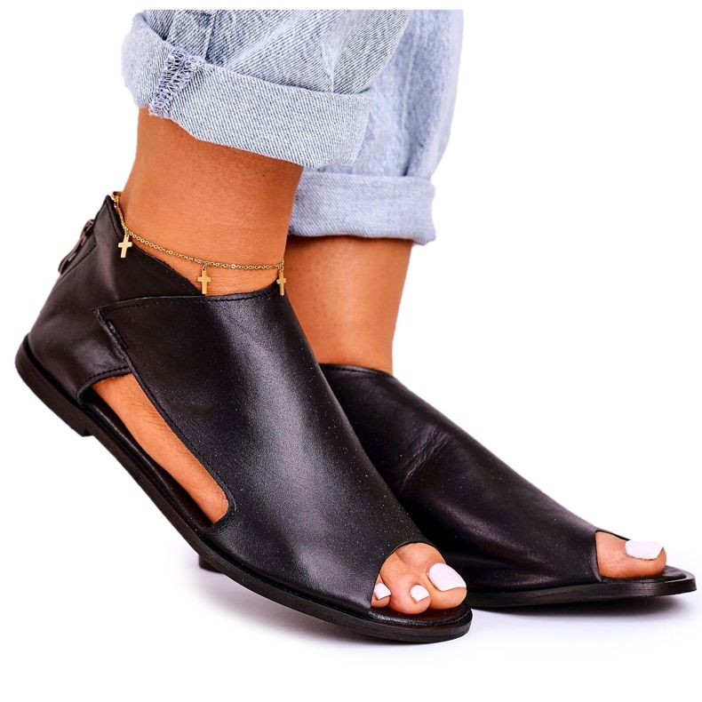 Nicole Kvinnors platta lädersandaler Svart Natalie