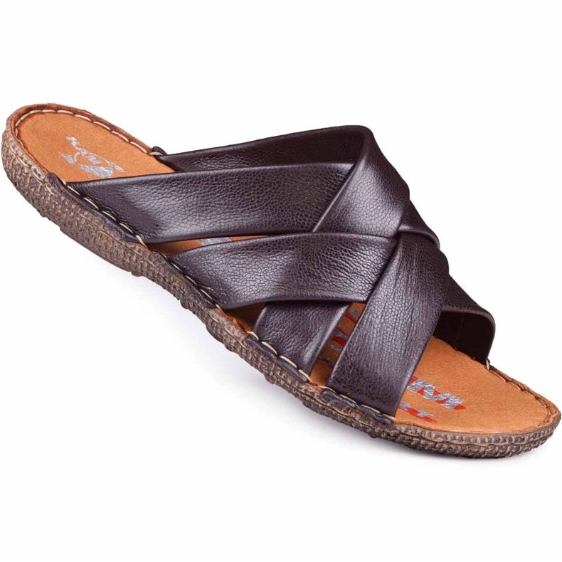 Kampol Män läder tofflor 214 / BR brun Kampol Män läder tofflor 214 / BR brun