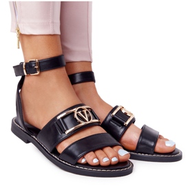 PS1 On Time Black Flat Leather Sandals svart