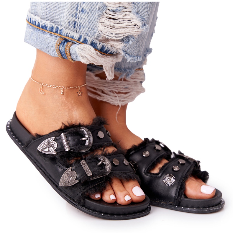 PS1 Tofflor Med Spännen Och Päls Svart Lydia