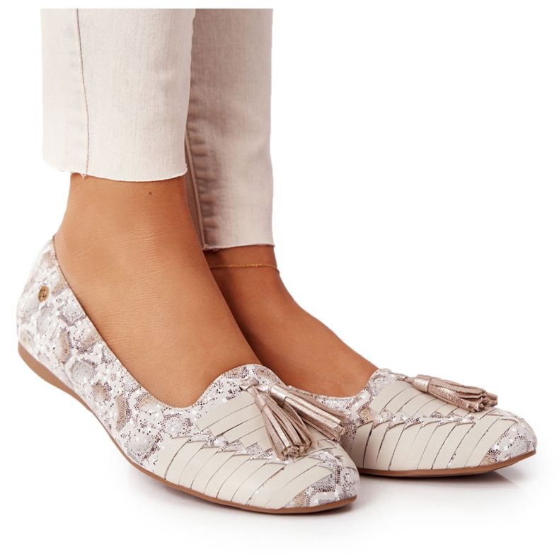 Läderballerinor med fransar Maciejka 04016-25 Beige-Gold gyllene