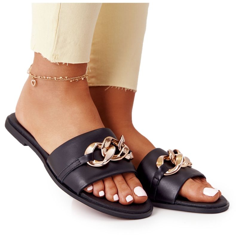 Läder tofflor med kedja Nicole 2652 svart