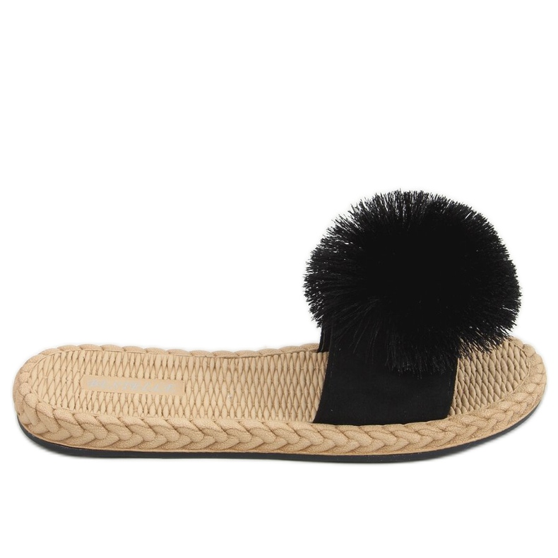 Svarta S-410 Svarta tofflor med pompon