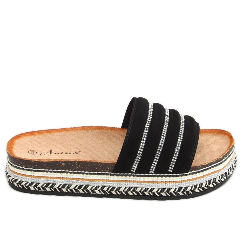 Svarta N-96 Svarta tofflor på den dekorerade sulan