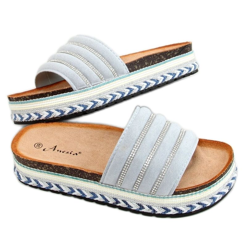 Blå N-96 Blå tofflor på den dekorerade sulan