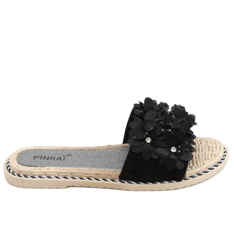 Svart LS003 Svarta tofflor med blommor