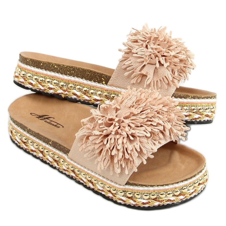 Beige 2260 Beige tofflor på den dekorerade sulan