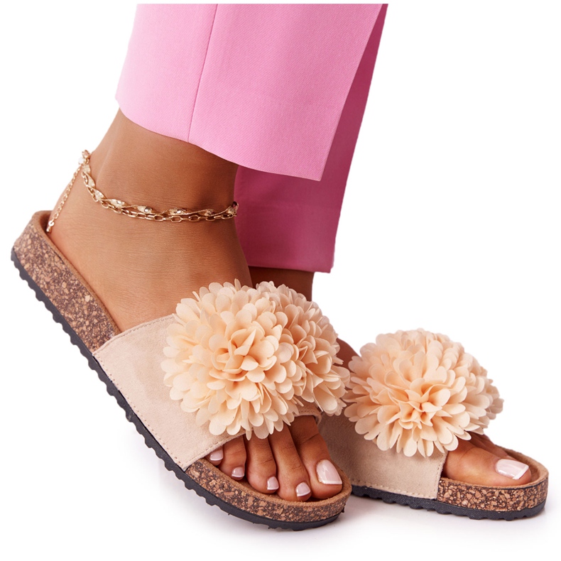 Beige Flowerbomb Tofflor På Kork Sula