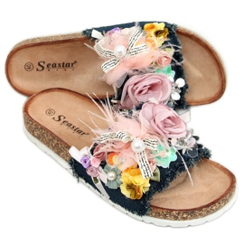 Kork tofflor med blommor BG61P Mörkblå marinblå mångfärgad