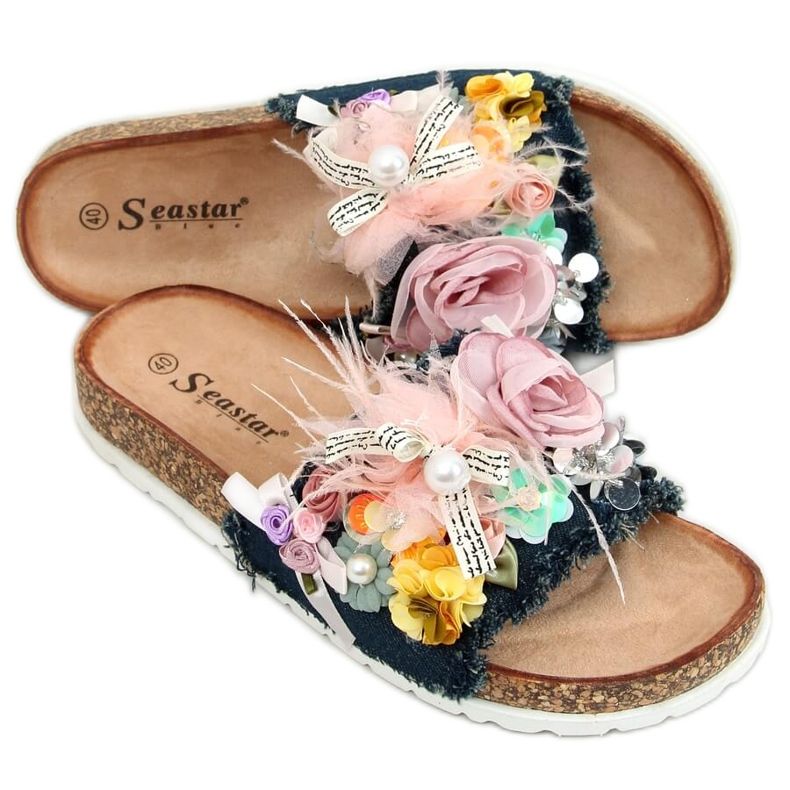 Kork tofflor med blommor BG61P Mörkblå marinblå mångfärgad