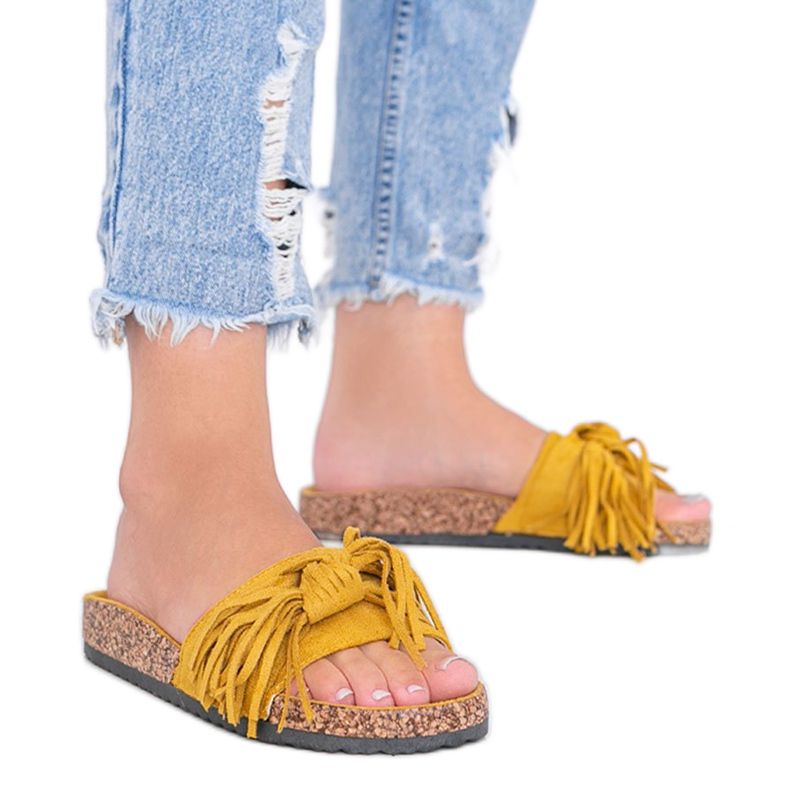 Senap tofflor med kork sula gul