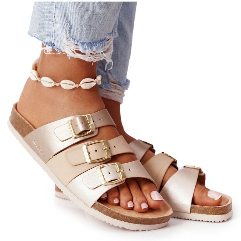 Läderprofilerade tofflor Big Star HH274585 Beige och guld gyllene