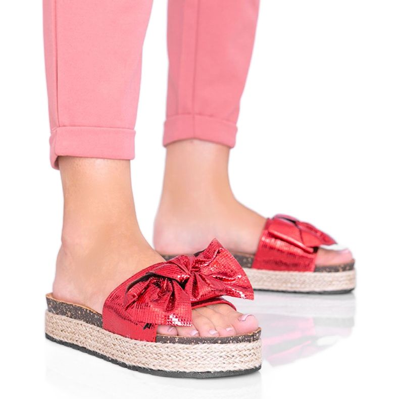 Columbia röda tofflor med rosett