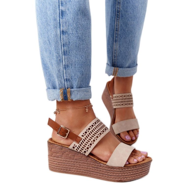 S.Barski Openwork Wedge Sandals S. Barski GD-47 Beige