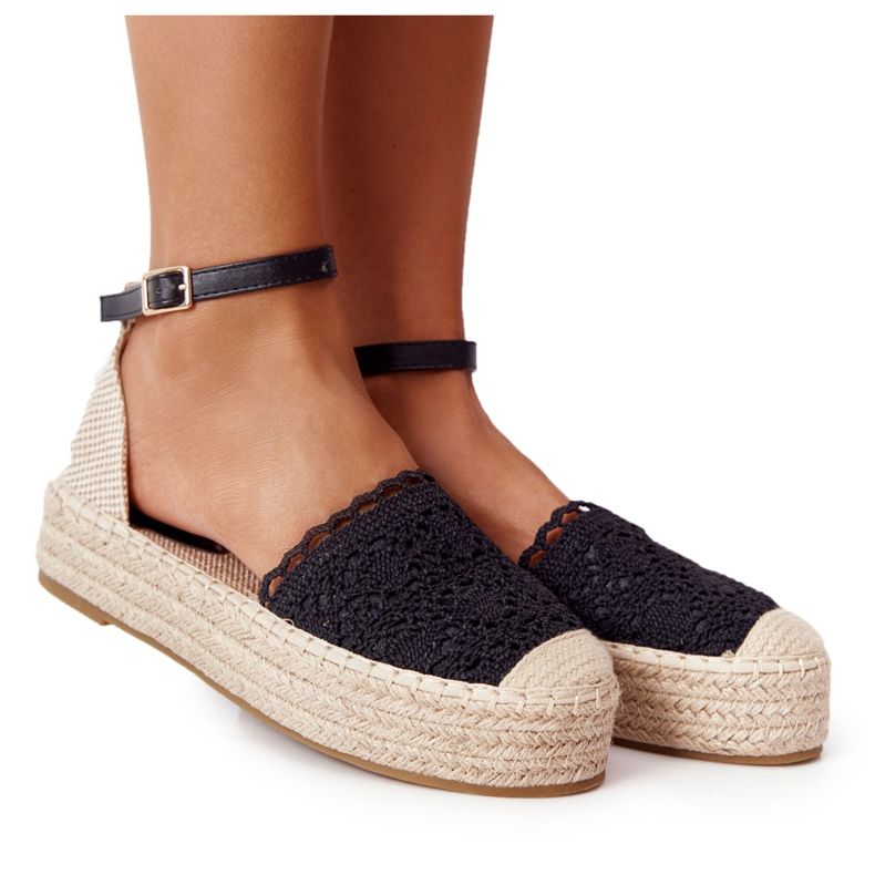 Spets Espadrilles på en flätad svart Larissa -plattform beige