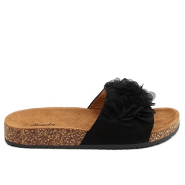 Svart kork tofflor med blommor 620-73 Svart