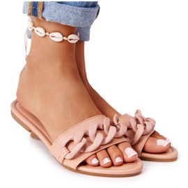 PS1 Läder tofflor med kedja kamel steg för steg kaki