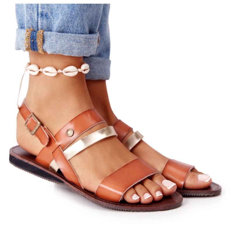 PE1 Platt sandaler för kvinnor, brun och guld Doris gyllene