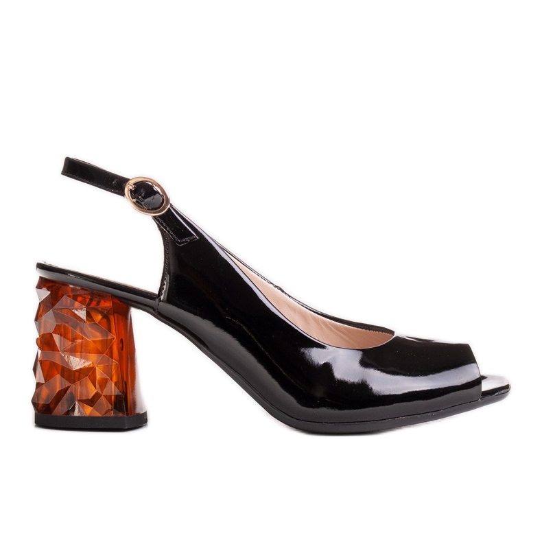 Marco Shoes Svartlackerade sandaler med 3D -gult häl