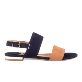 Marco Shoes Platta sandaler i naturmocka med metallisk häl beige marinblå