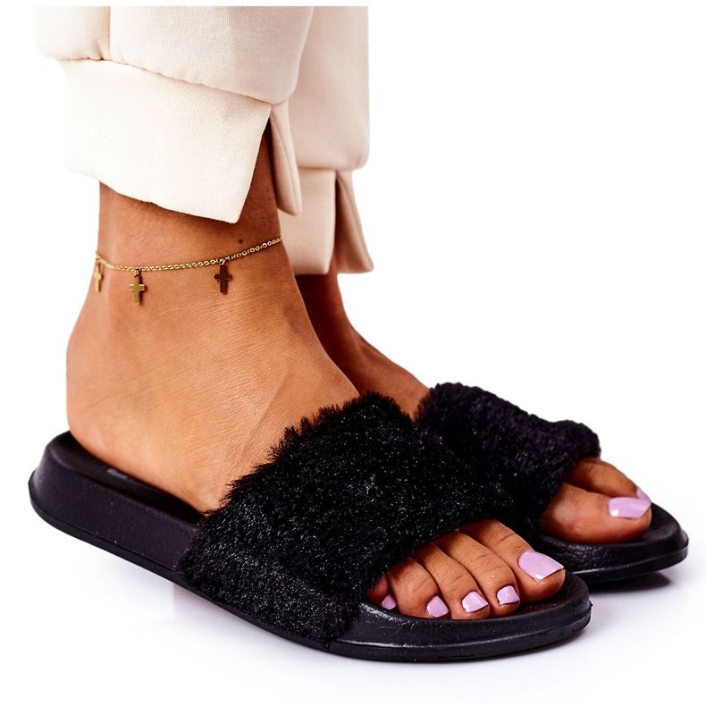 PE1 Gummi tofflor med päls svart Emery