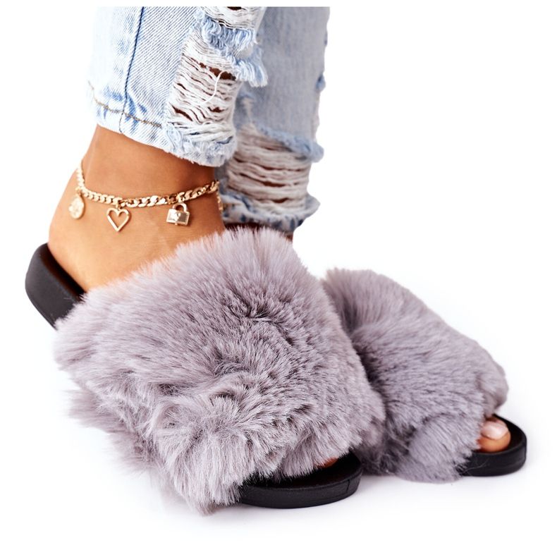 FJ1 Gummi tofflor med päls grå mjuk