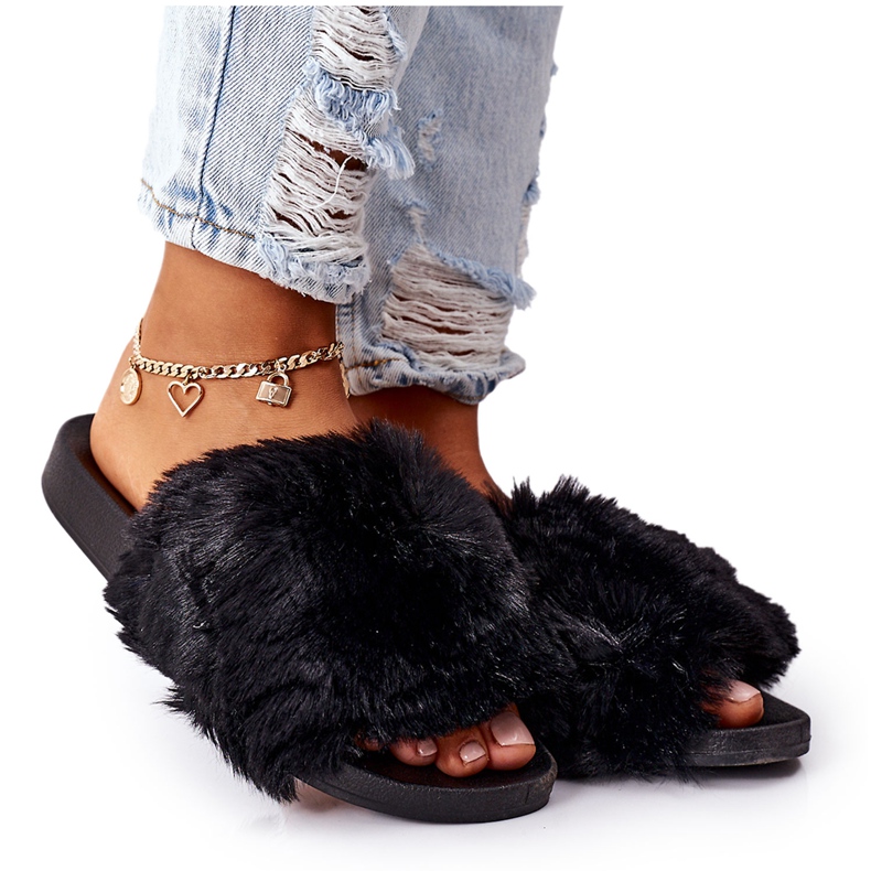 FJ1 Svarta mjuka gummi tofflor med päls