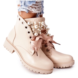 Beige Perla boots med pärlor och strass