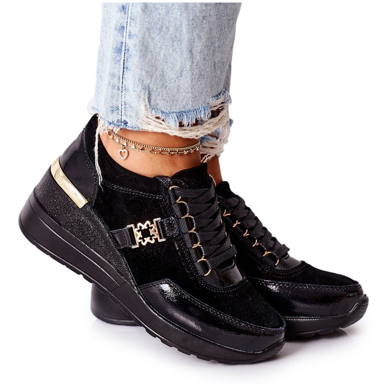 S.Barski Kvinnor Läder Wedge Sneakers Svart Montessori