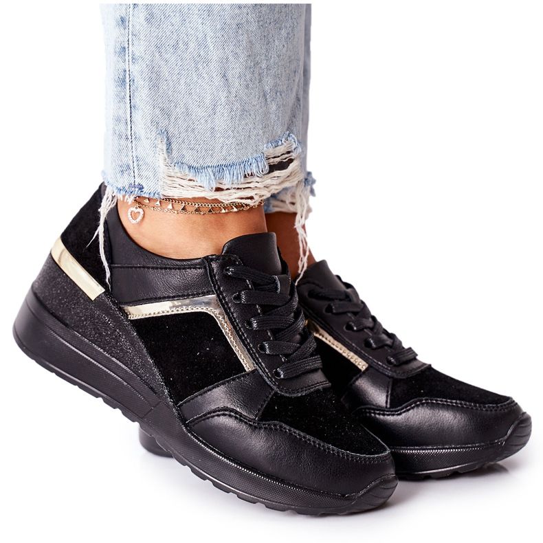 S.Barski Kvinnor Leather Wedge Sneakers Black Manitoba svart