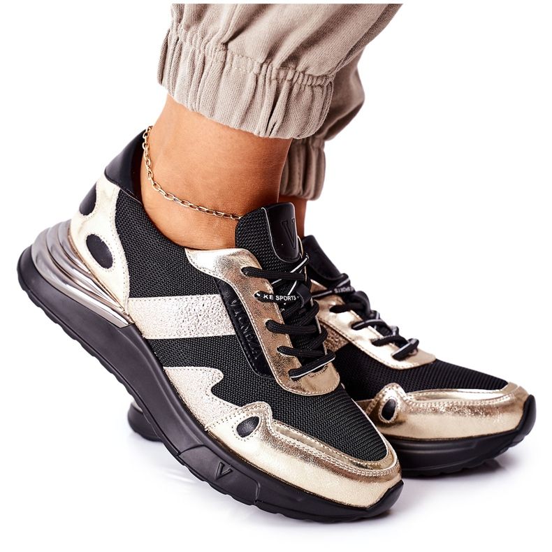 Vinceza Kvinnors sportskor Sneakers svart och guld Manitoba gyllene