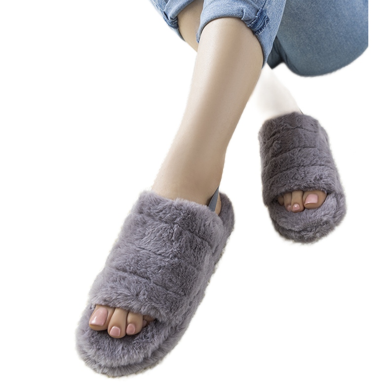 Grå damtofflor med elastiskt band och Fierro -päls