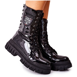 NAVY DOT Dam Stövlar Trappers Lacquered Black Coriera svart