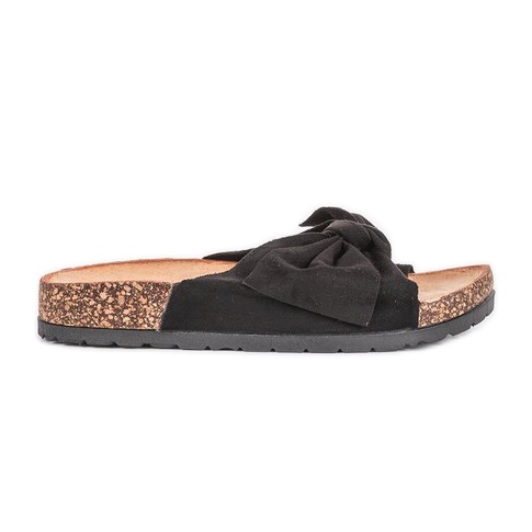 Svarta tofflor med en solig rosett