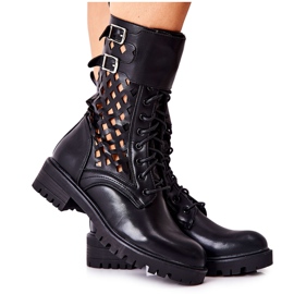 Menie Black Openwork läderstövlar svart