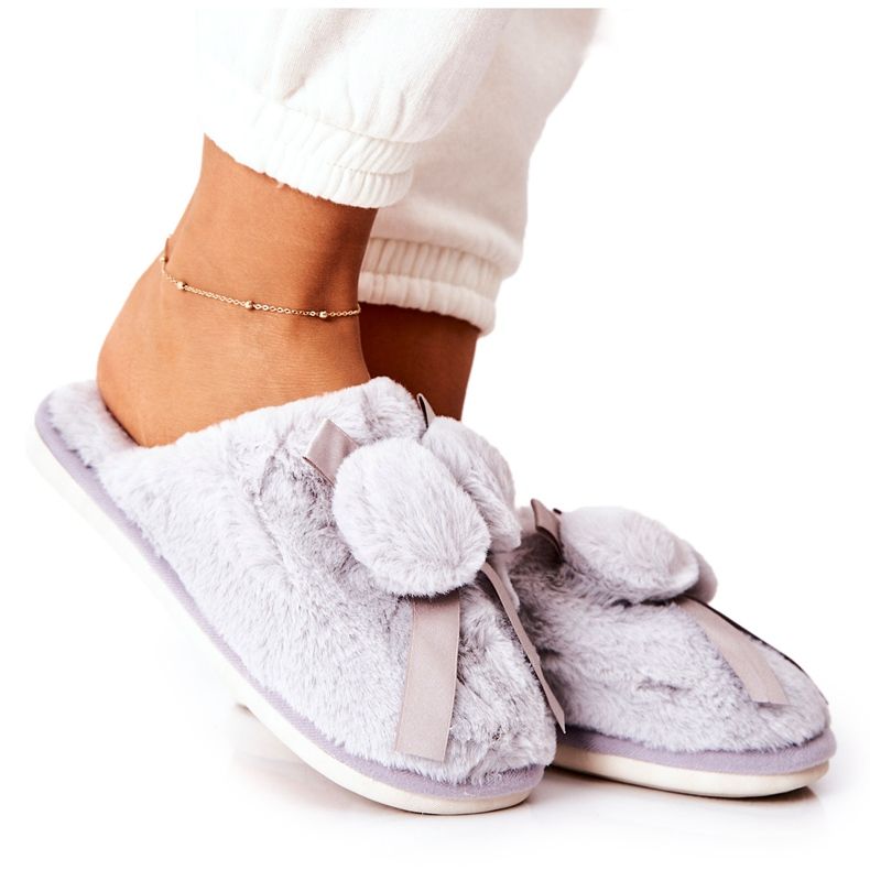 Grå Pampy Pälstofflor Med Pompoms