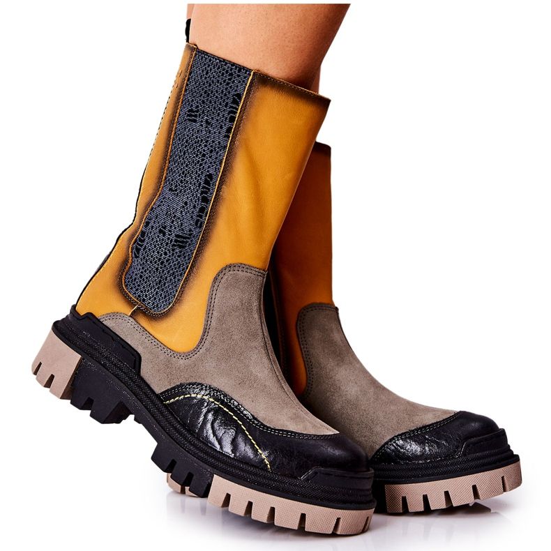 Höga Maciejka Läderstövlar Gul-Grå 05141-07 beige svart gyllene