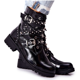 Läderstövlar med remmar Svart keferin