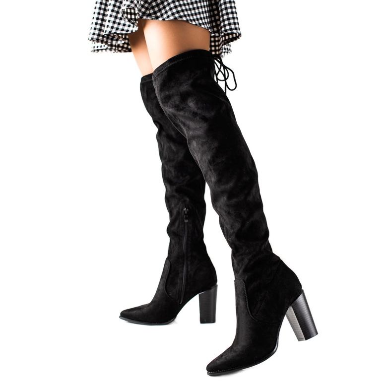 Lucky Shoes Svarta högklackade lårhöga stövlar