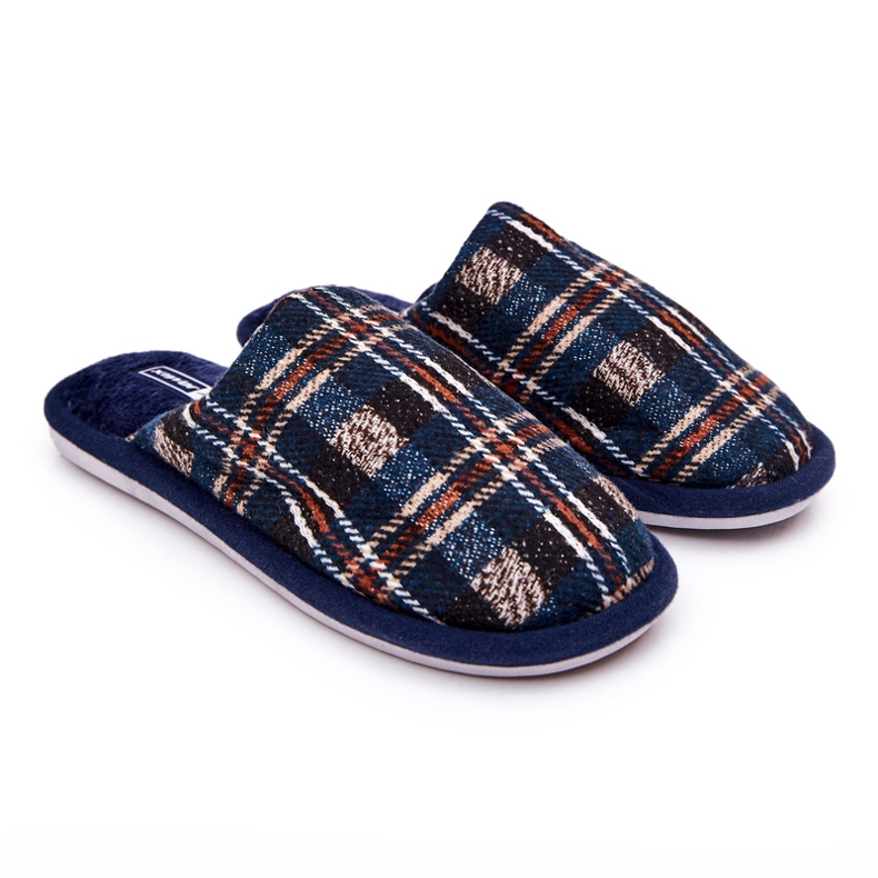 WJ1 Herr varma marinblå rutiga tofflor Whisper beige