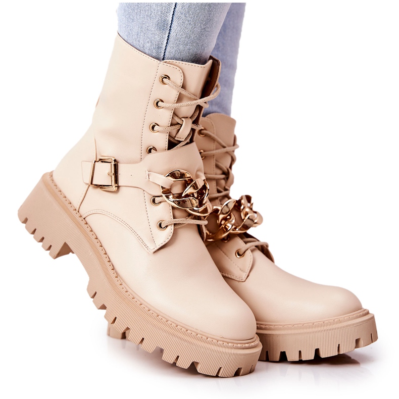 WS1 Beige Molisa Worker Boots Med Kedja gyllene