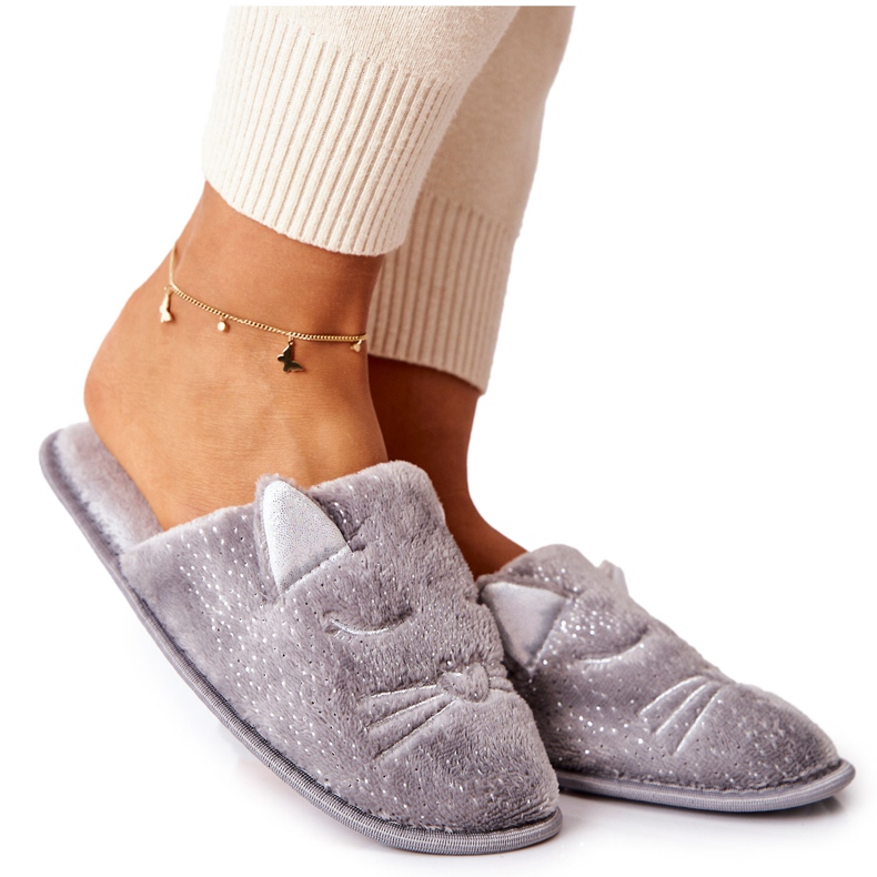 PE1 Blanka Kattungetofflor Med Grå Kaisy-öron