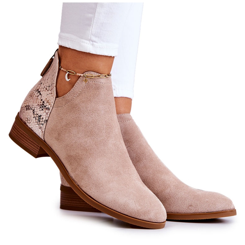 Vinceza Ankelboots i mocka med ormskinnsmönster Beige Stephanie