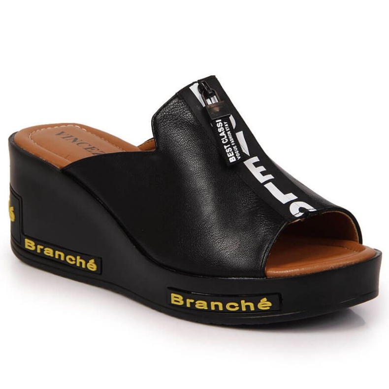 Svarta wedge tofflor med inskriptioner Vinceza W JAN109