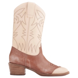 Marco Shoes Broderade cowboystövlar, vintage läder beige brun