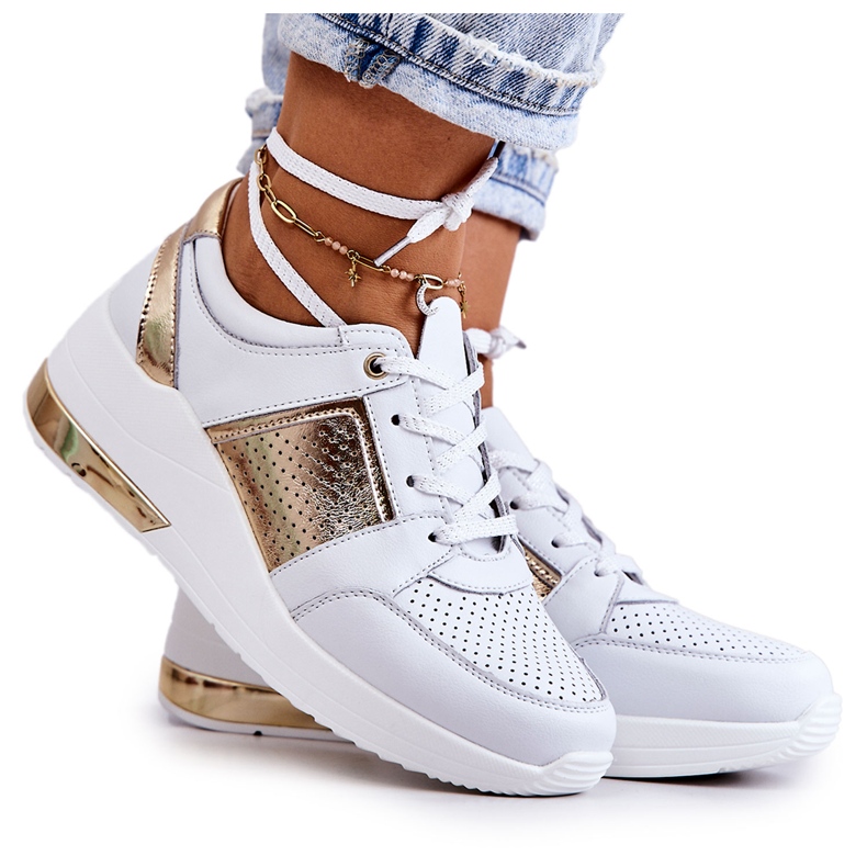 S.Barski Sportskor i läder för kvinnor på en kil Vit Larson gyllene