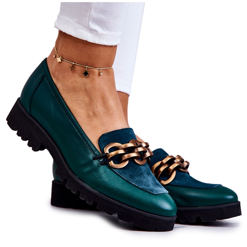 PA2 Elegant loafers i läder med grön Geneva-kedja