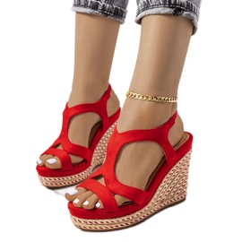 Röda espadrillor på en cederträ