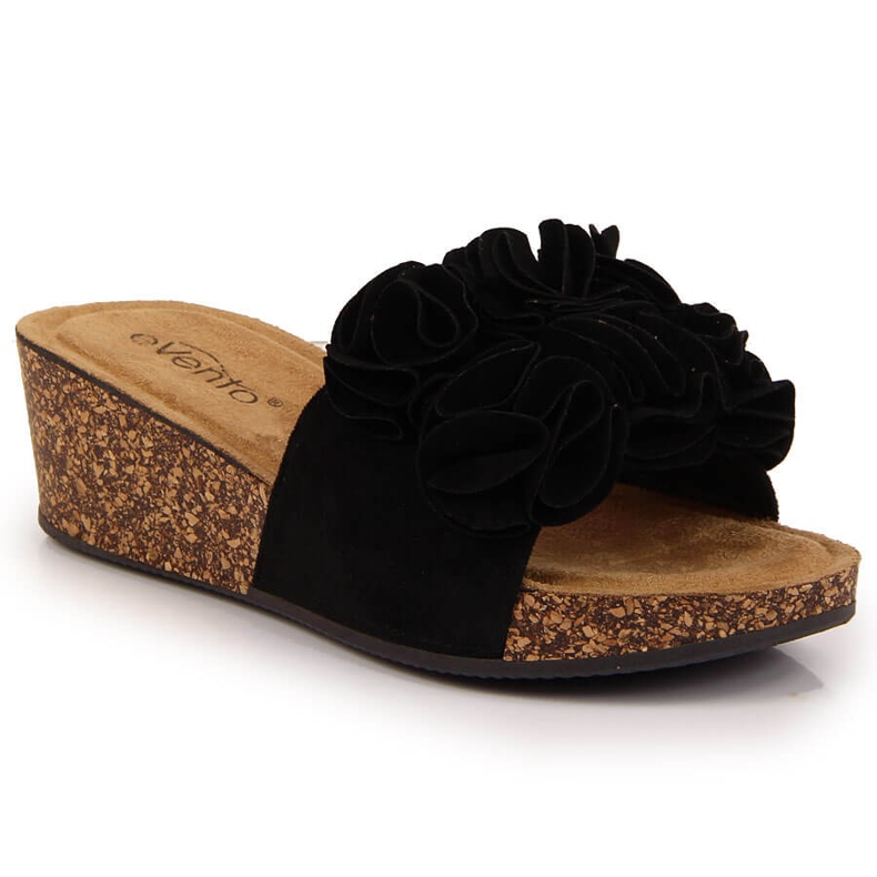 Kvinnors svarta wedge tofflor med blommor eVento