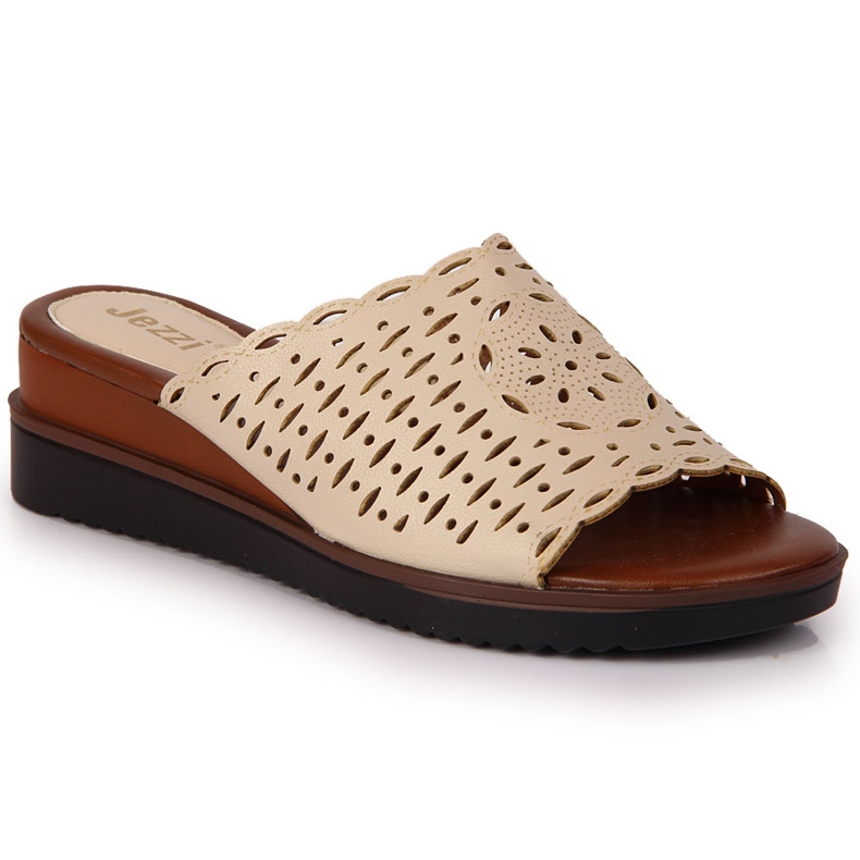Beige genombrutna Jezzi-tofflor med kil för kvinnor